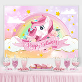Toile de fond d'anniversaire sur le thème de la licorne rose arc-en-ciel et nuage